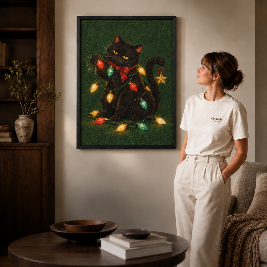 Woman in a white tee standing beside a black-framed black cat Christmas canvas in a softly lit living room.