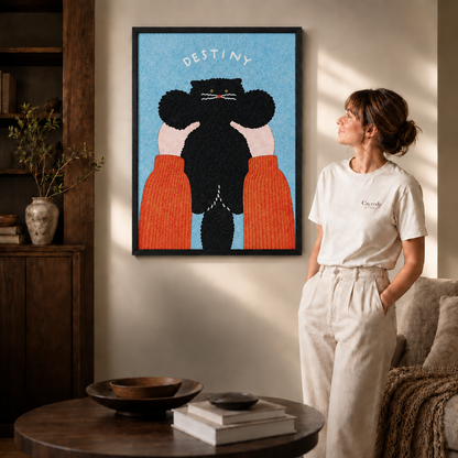 Woman in cream t-shirt beside a slim black frame with black cat wall art and DESTINY lettering on blue.