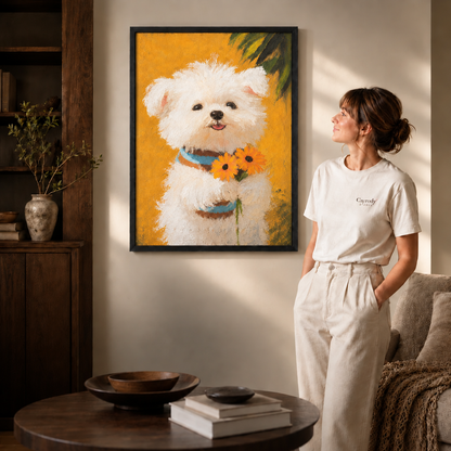 Woman in cream t-shirt beside a slim black frame displaying puppy wall art with a white dog and sunflowers.