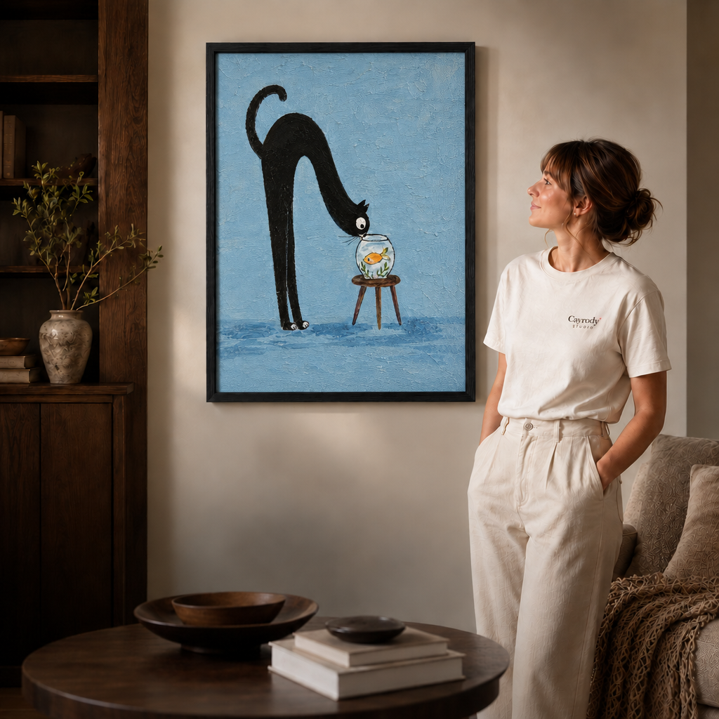 Black framed cat and goldfish canvas wall art styled in a warm modern living room