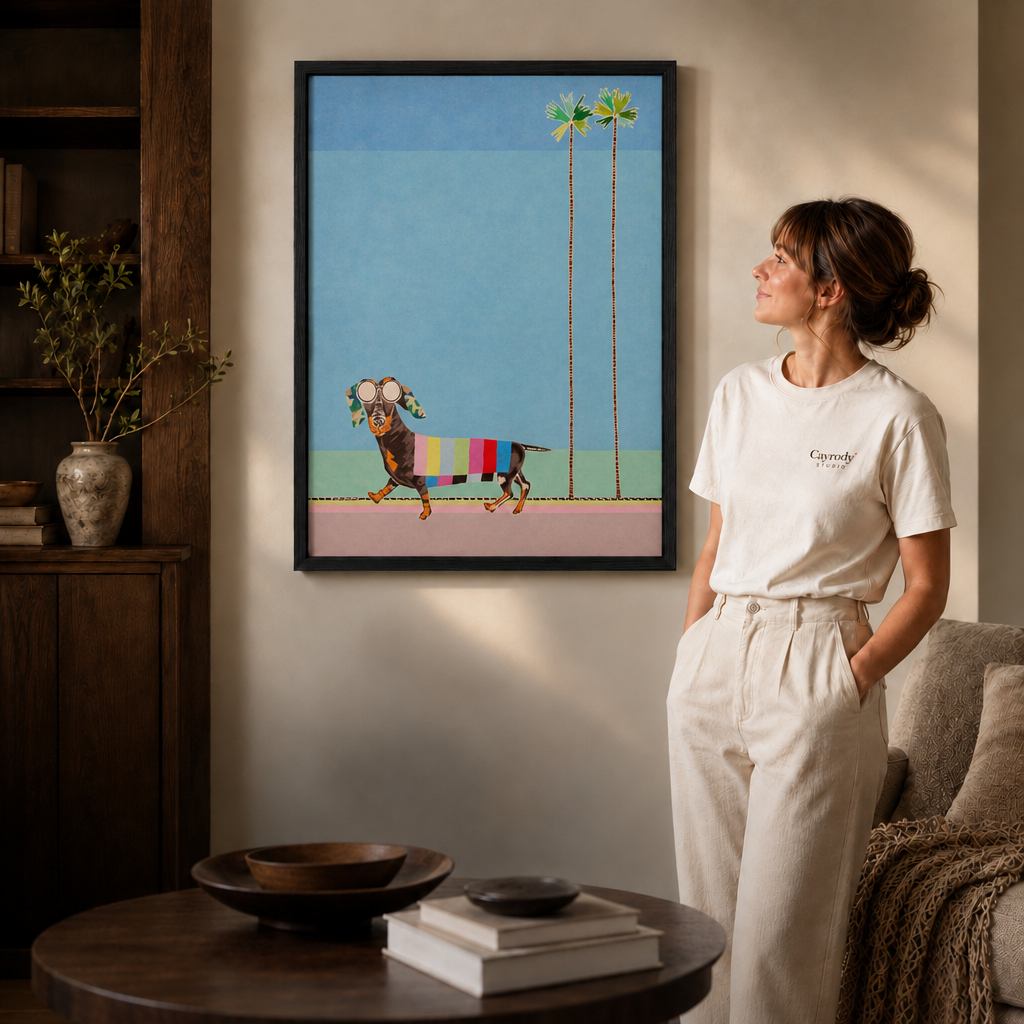 Woman standing near a black framed dachshund wall art with palm trees, warm minimalist interior with soft natural light.