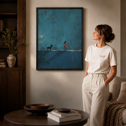 Black-framed canvas of a girl in a red dress and black cat hung beside a woman in a cream t-shirt
