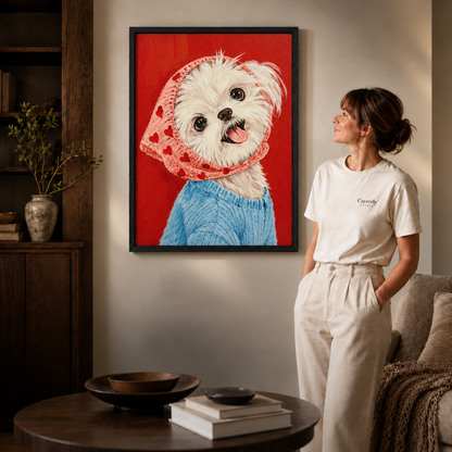 Woman standing near a black framed Maltese dog portrait wall art, warm minimalist interior with soft natural light.