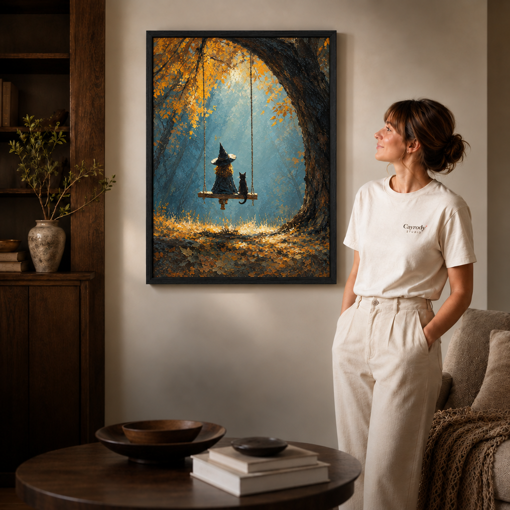 Black-framed witch and black cat swing canvas hung above a wooden console beside a woman in a cream t-shirt