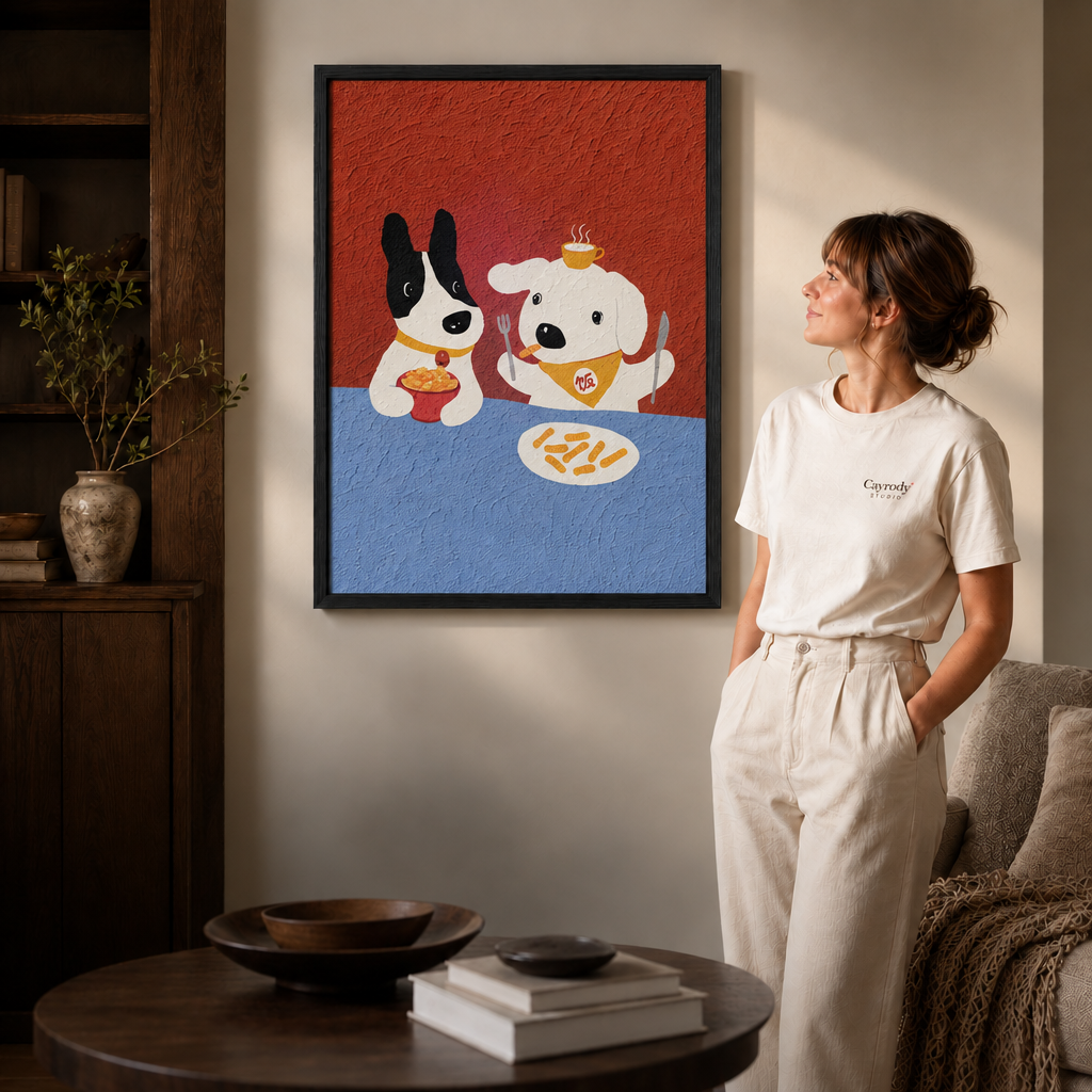 Man seated in a modern lounge admiring a quirky dogs dining canvas in a deep walnut frame, natural window light.