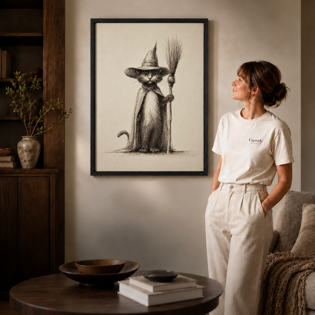 Black-framed witch cat canvas wall art beside a woman in white in a cozy living room.