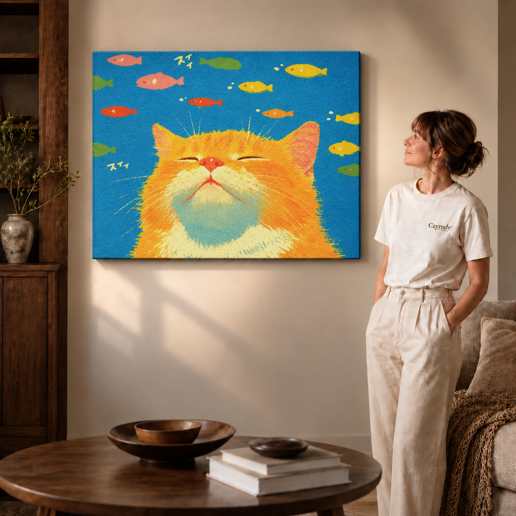 A woman in a cream T-shirt stands beside a gallery-wrapped canvas, an orange cat gazing up at colorful fish.