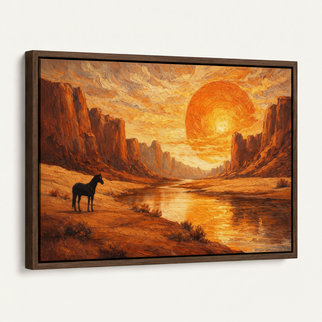 Framed wild horse canyon canvas art, 45-degree angle showing dark walnut frame depth on white background