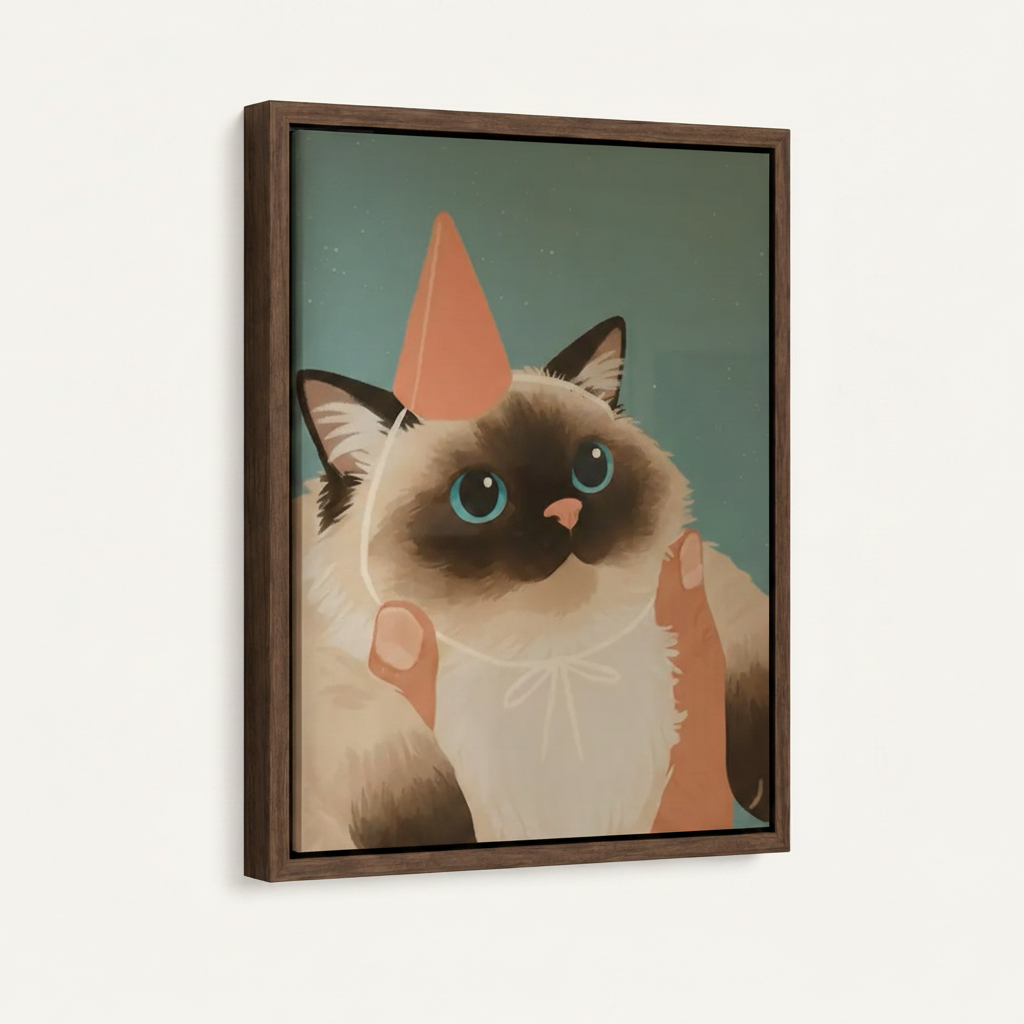 Close-up side view of dark walnut float frame whimsical party cat canvas print on white background