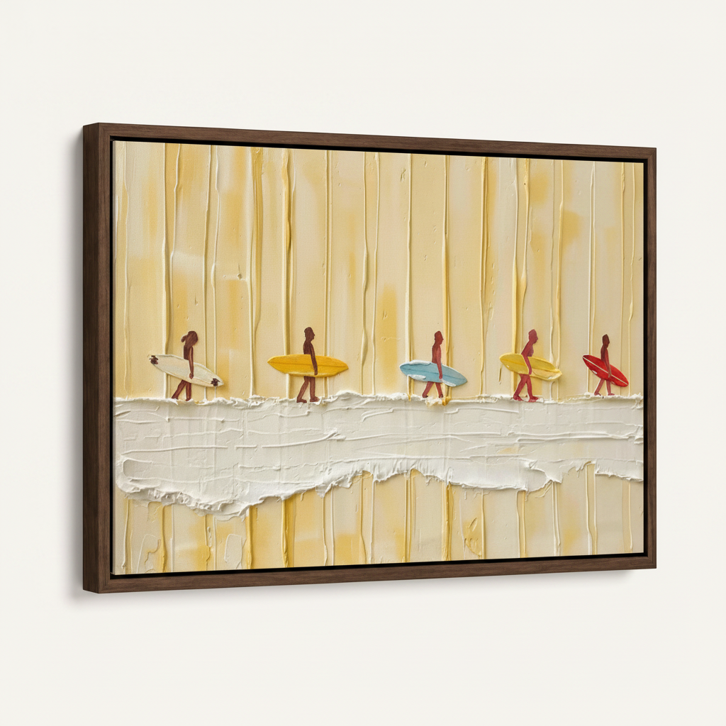 Surfer impasto canvas print in dark walnut float frame, angled 45-degree white background studio view
