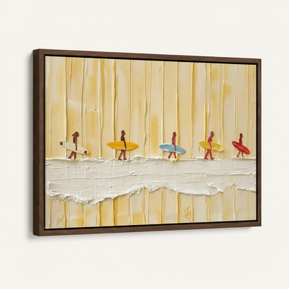 Surfer impasto canvas print in dark walnut float frame, angled 45-degree white background studio view