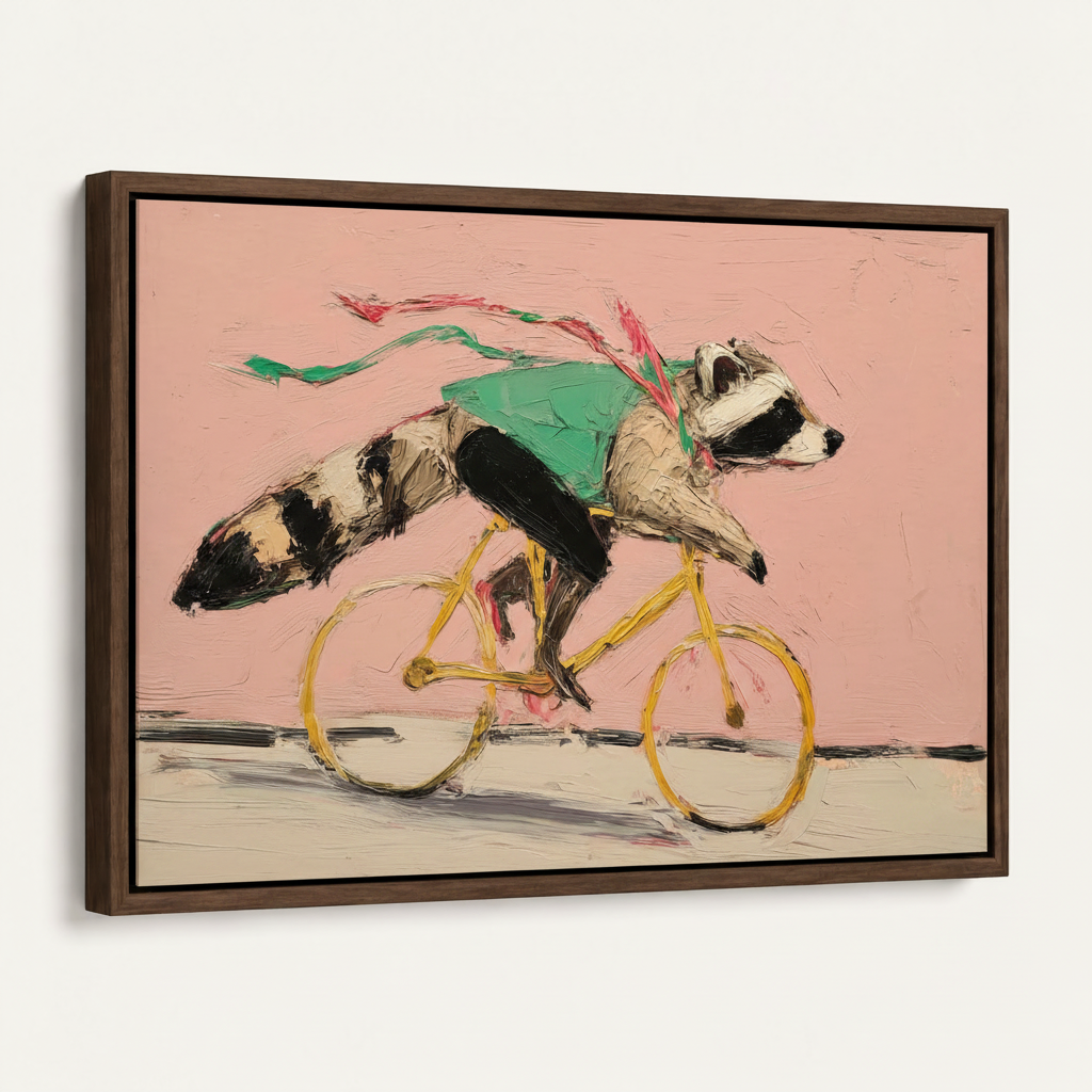 Raccoon cycling impasto canvas print in dark walnut float frame, angled 45-degree studio view