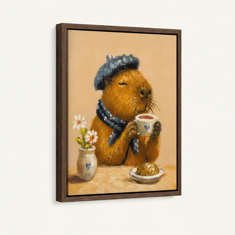 Floater-framed capybara canvas angled view, capybara in blue beret sipping tea with pastry and daisy vase