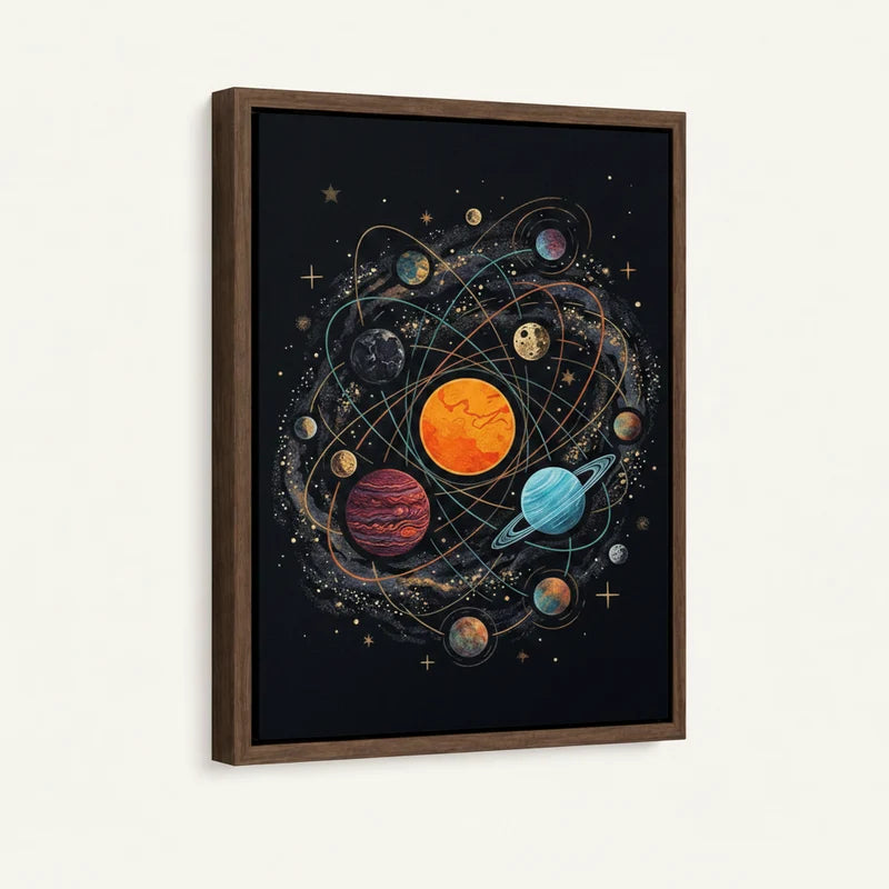 Framed canvas close-up of solar system with glowing orbital paths and jewel-toned planets on dark background