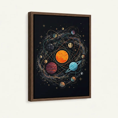 Framed canvas close-up of solar system with glowing orbital paths and jewel-toned planets on dark background