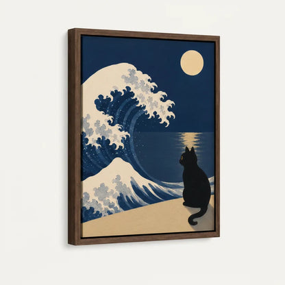 Framed canvas close-up showing black cat gazing at great wave, walnut floater frame detail
