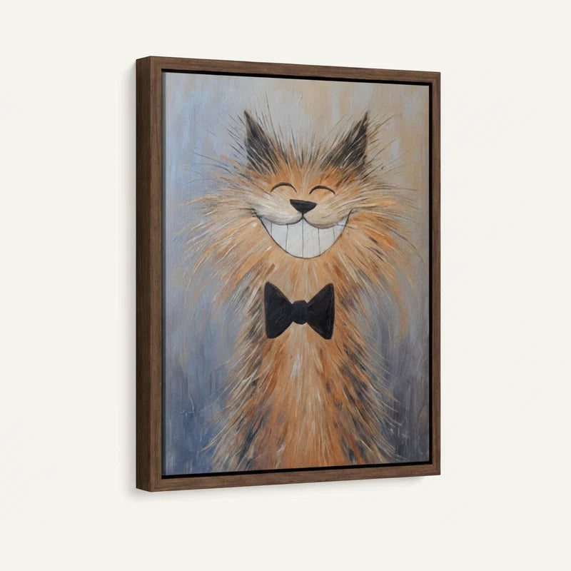 Framed canvas close-up of fluffy ginger cat with wide grin and black bow tie on textured blue-grey background