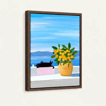 Framed canvas close-up of black cat lounging on pink striped cushion beside golden lemon pot and blue sea