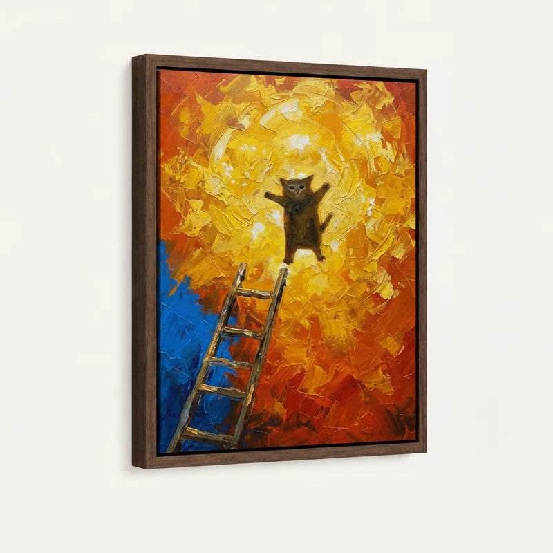 Cat leaping into blazing light — floater framed canvas close-up showing bold palette-knife texture