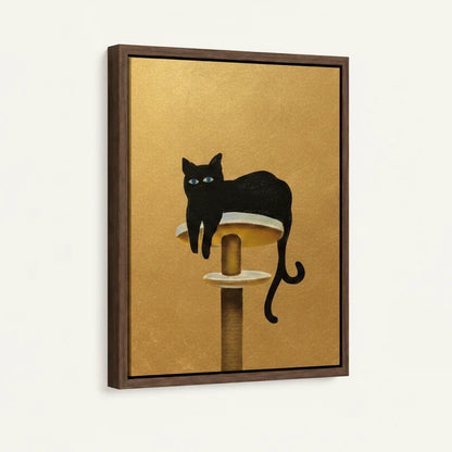 Side-angle view of framed canvas showing sleek black cat with blue eyes draped across a cat tower on amber gold background