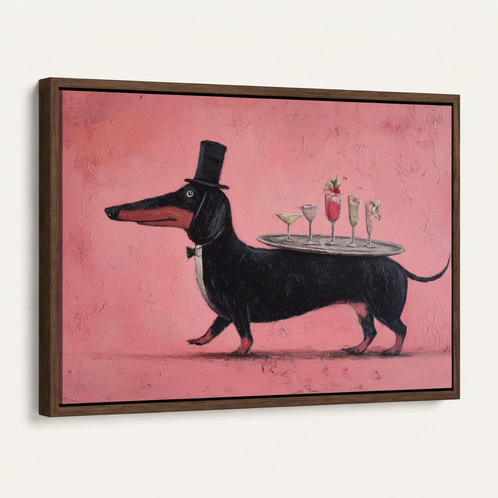 Dachshund waiter framed canvas art product shot, 45-degree angle showing walnut float frame depth on white background