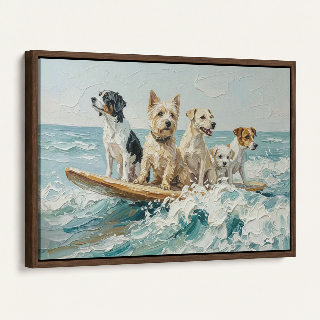 Framed surfing dogs canvas art, 45-degree product angle showing dark walnut float frame depth on white background