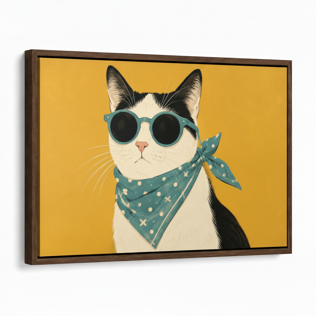 Cool cat canvas print in dark walnut float frame, angled studio view showing frame depth and texture