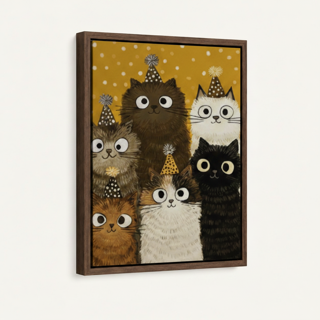 Framed canvas print with dark walnut float frame featuring five fluffy cats wearing polka-dot party hats