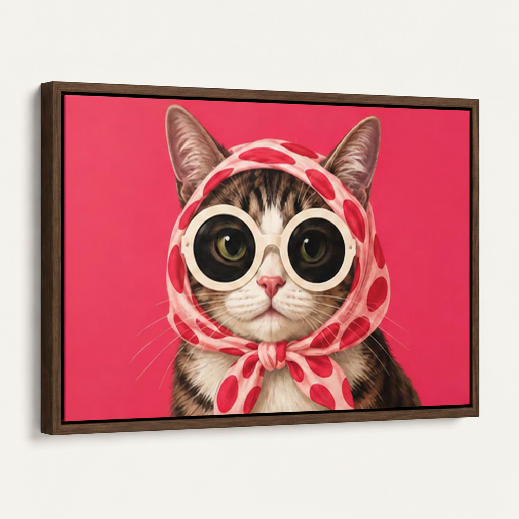 Framed glamour cat canvas art, 45-degree angle showing dark walnut float frame depth on white background