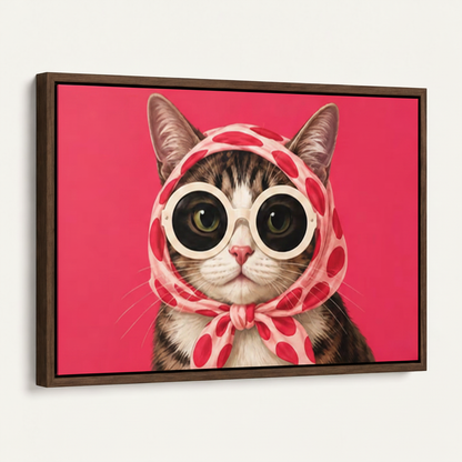 Framed glamour cat canvas art, 45-degree angle showing dark walnut float frame depth on white background