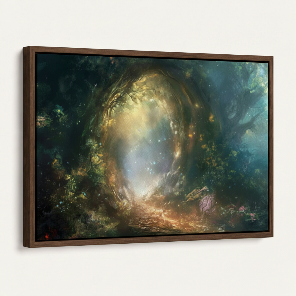 Dark walnut floater frame canvas of enchanted forest portal on white background, angled view