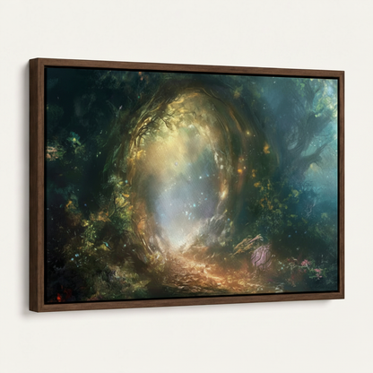 Dark walnut floater frame canvas of enchanted forest portal on white background, angled view