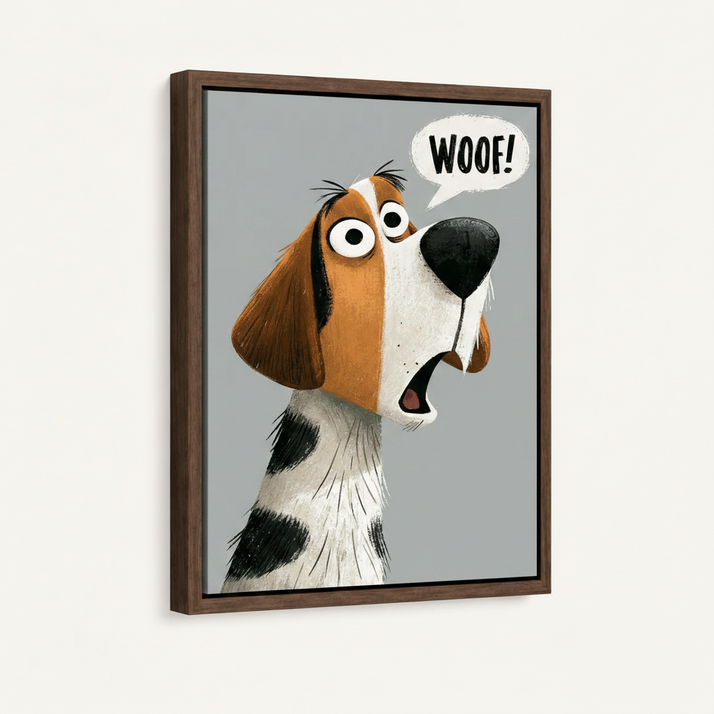 Framed canvas wall art featuring expressive cartoon dog with WOOF speech bubble, angled three-quarter view on white background