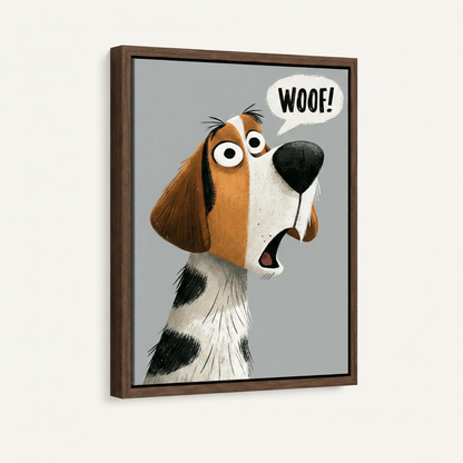 Framed canvas wall art featuring expressive cartoon dog with WOOF speech bubble, angled three-quarter view on white background