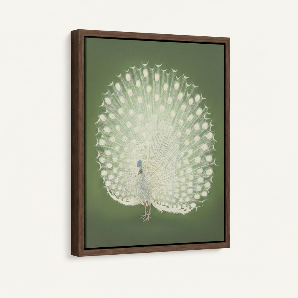 Framed white peacock Japanese woodblock canvas art in dark walnut floater frame, angled three-quarter view on white background
