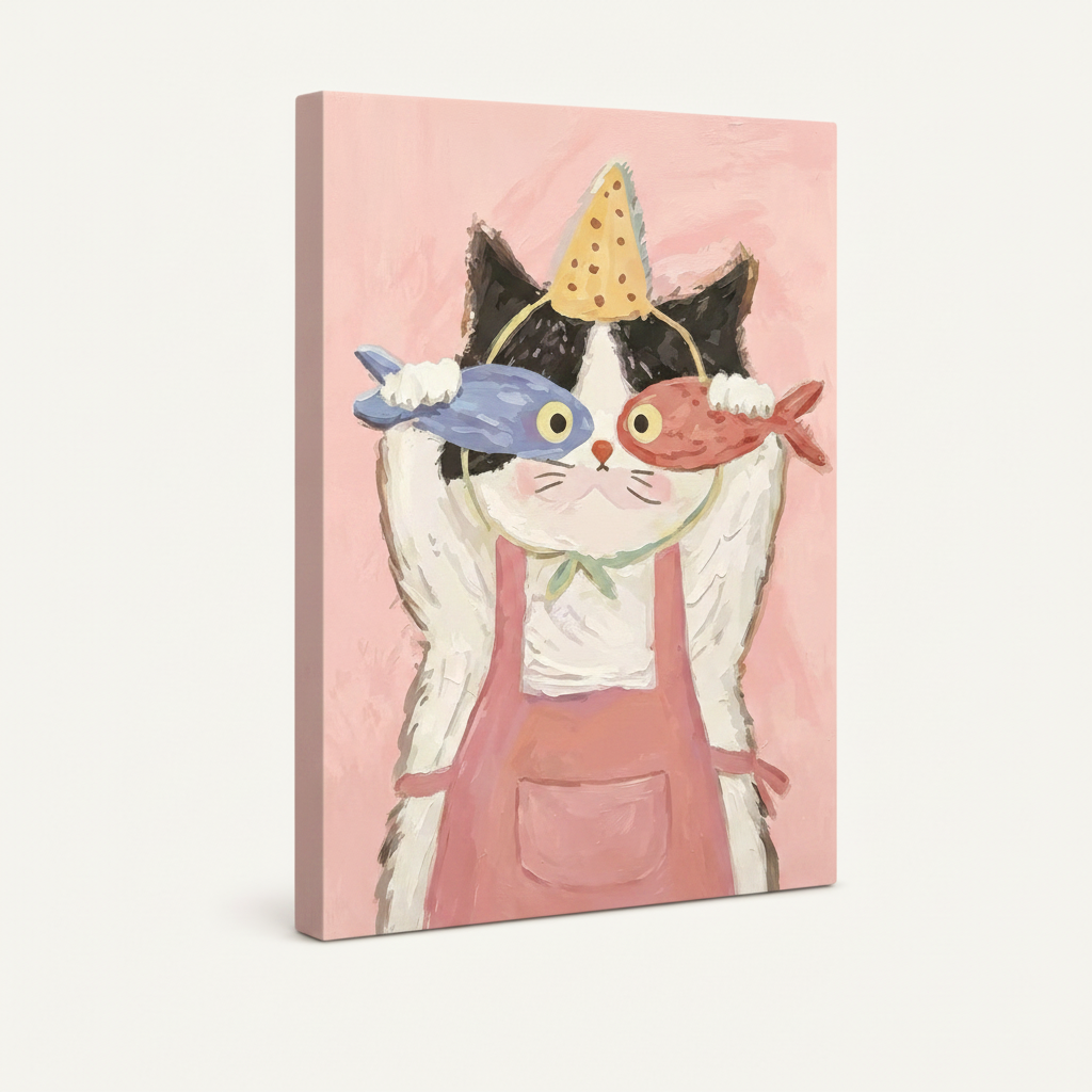 Party cat folk art canvas print gallery wrapped style shown at angle on clean white background