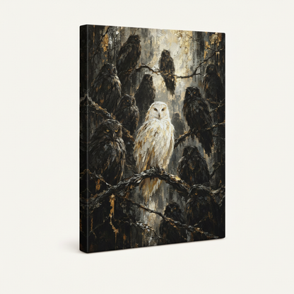 Dark owl oil painting gallery wrapped canvas 3/4 view white background product shot