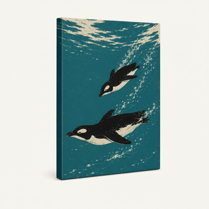 Gallery wrapped swimming penguins linocut canvas print with dark sides shown at 3/4 angle on white background