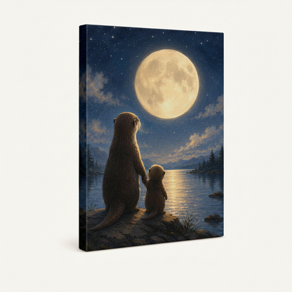 Gallery wrapped canvas print of moonlit otter scene showing painted sides and canvas depth
