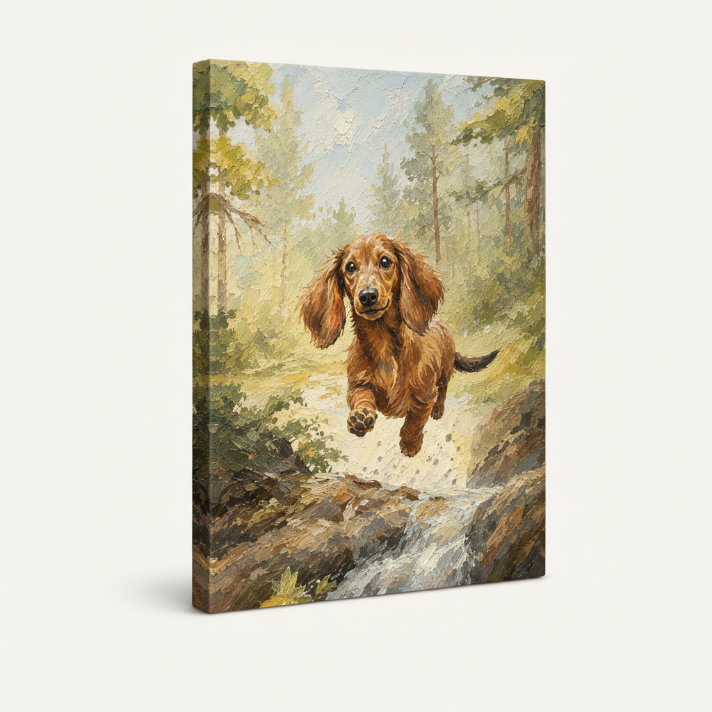 Float framed dachshund forest oil painting canvas on clean white background three-quarter view