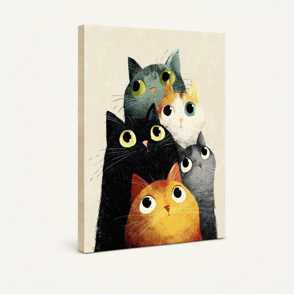 Gallery wrap canvas of five wide-eyed cats in watercolor style, angled side view showing canvas depth