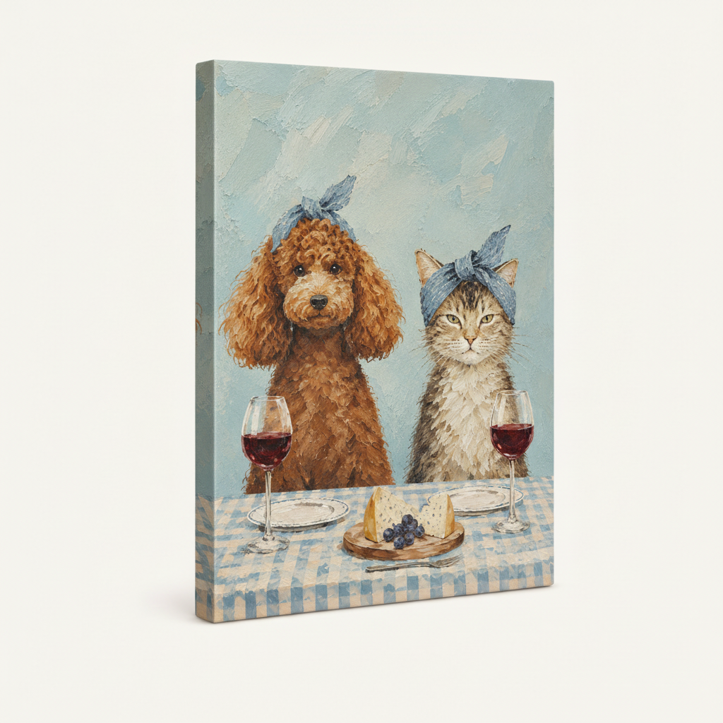 Gallery wrap canvas of whimsical dog cat dining scene on white background three-quarter view