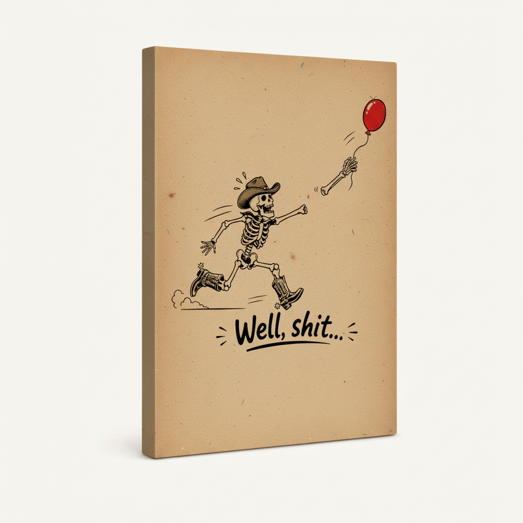 Gallery wrapped western skeleton cowboy humor art side view on white background