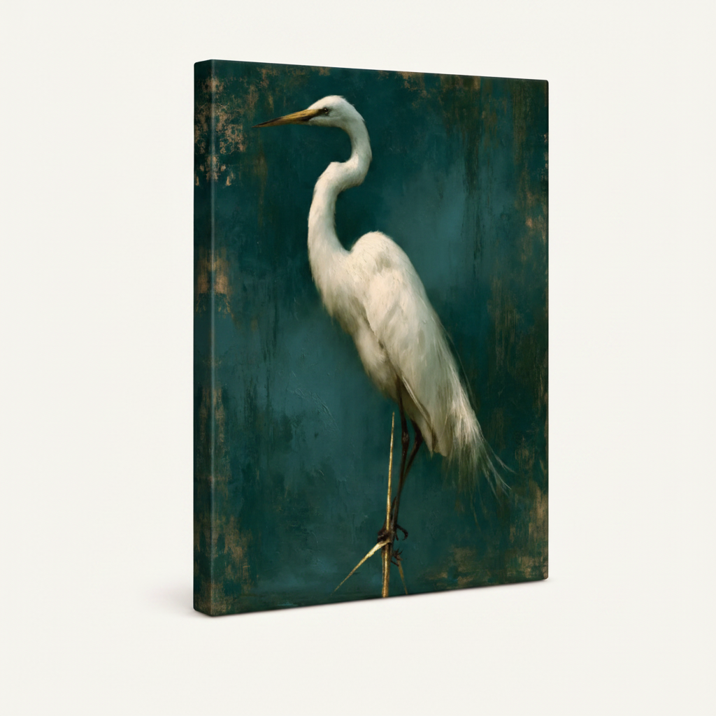 Gallery wrapped great egret oil painting canvas, 3/4 angle view showing side wrap on white background