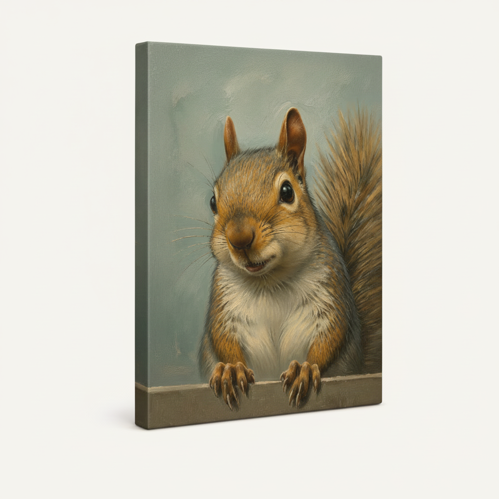 Gallery-wrapped squirrel canvas art, angled view showing thick wrapped edges on white background