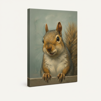 Gallery-wrapped squirrel canvas art, angled view showing thick wrapped edges on white background