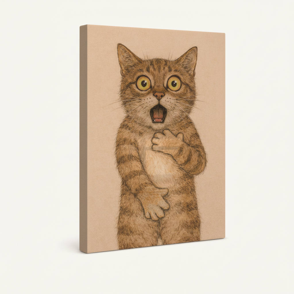 Surprised cat colored pencil illustration gallery wrapped canvas white background product view