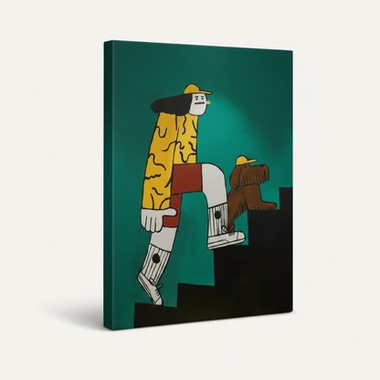 Gallery-wrapped canvas print side view of vibrant teal graphic art with illustrated climbing figure, thick wrap edges visible on white background