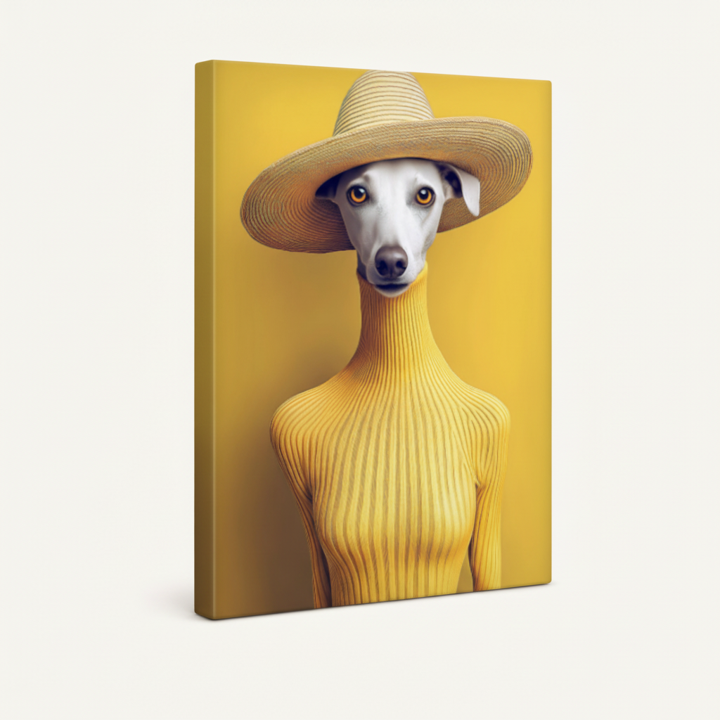 Gallery wrapped surrealist dog portrait canvas side view on white background