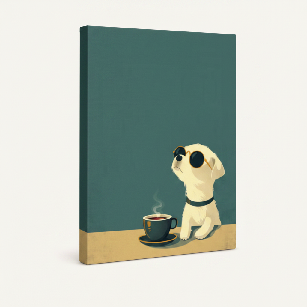 Gallery-wrapped canvas of minimalist retro dog coffee illustration on teal and cream background